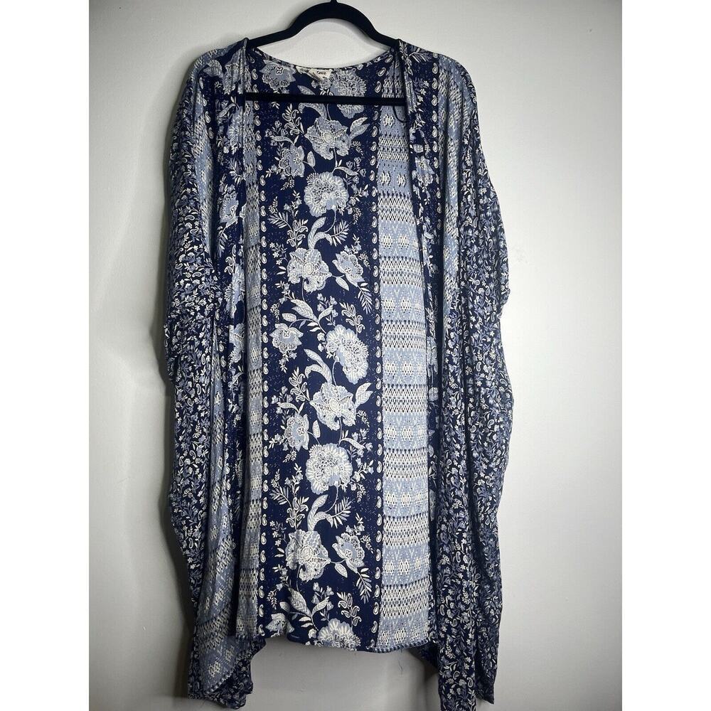 Gypsy Love Open Front Boho Kimono Cover Up Vest Large Blue Floral print